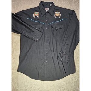 Ely Diamond Vintage Western Shirt Mens Large Black Snap Pearlized‎ Button